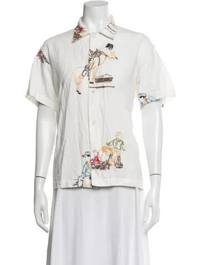 Pre-owned Bode Graphic Print Short Sleeve Button-up Top In White