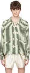 Bode Trillium Camp-collar Appliquéd Striped Silk Shirt In Green Cream