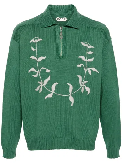 Bode Green Floral Jacquard Detail Half-zip Jumper