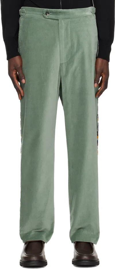 Bode Green Oberon Floral Trousers In Sage Teal