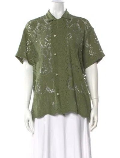 Pre-owned Bode Lace Pattern Short Sleeve Button-up Top In Green