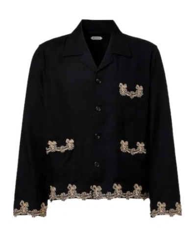 Bode Embroidered-pocket Wool Overshirt In Black