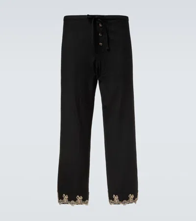 Bode Laurelist Wool Flannel Wide-leg Pants In Black