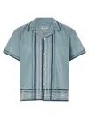 Bode Striped Cotton Bowling Shirt With Cuban Collar And Short Sleeves In Light Blue