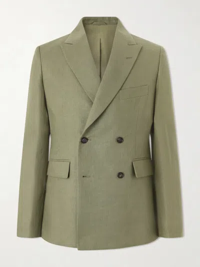 Bode Linen Double-breasted Blazer In Green