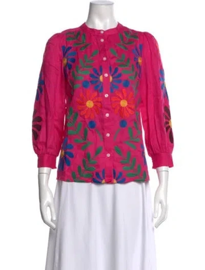 Pre-owned Bode Linen Floral Print Blouse In Pink