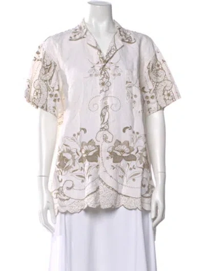 Pre-owned Bode Linen Floral Print Blouse In White