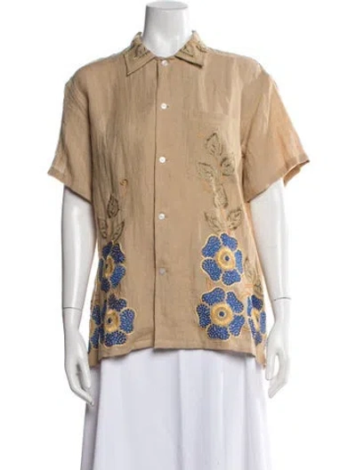 Pre-owned Bode Linen Floral Print Button-up Top In Neutrals