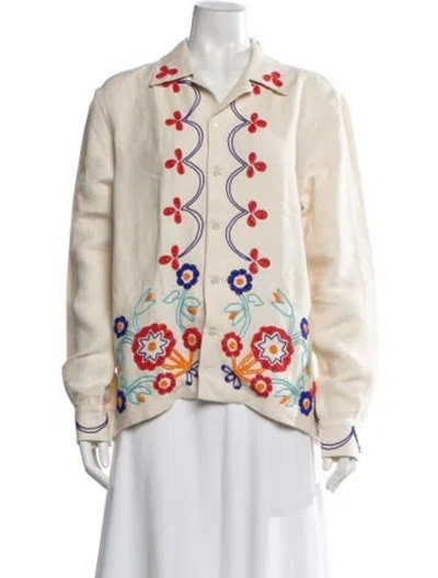 Pre-owned Bode Linen Floral Print Button-up Top In Neutrals