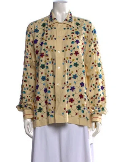 Pre-owned Bode Linen Floral Print Button-up Top In Neutrals