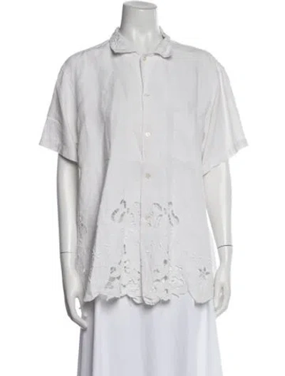 Pre-owned Bode Linen Floral Print Button-up Top In White