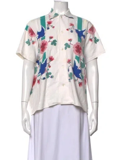 Pre-owned Bode Linen Floral Print Button-up Top In White