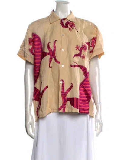 Pre-owned Bode Linen Graphic Print Button-up Top In Neutral