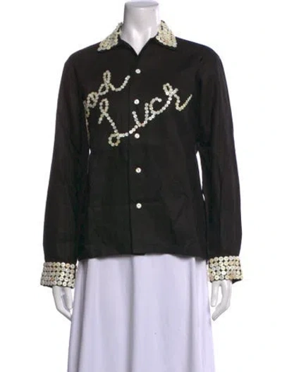 Pre-owned Bode Linen Graphic Print Button-up Top W/ Tags In Black
