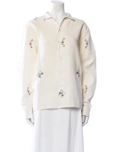 Pre-owned Bode Linen Printed Button-up Top In White