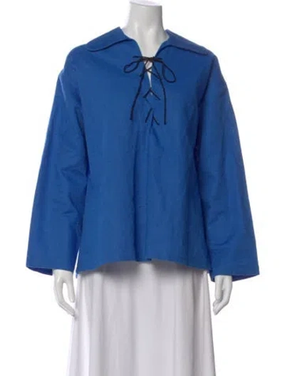 Pre-owned Bode Linen Tie Neck Top In Blue