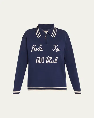 Bode Logo Club Embroidered Long-sleeved Polo Sweater In Navy