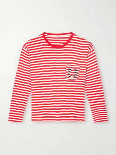 Bode Logo-embroidered Striped Ribbed Cotton-jersey T-shirt In Pink
