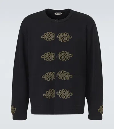 Bode Looped Frog Embroidered Wool Cardigan In Black