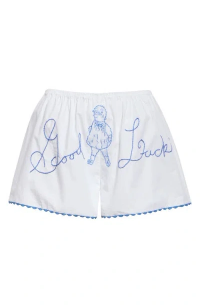 Bode White Lucky Baby Shorts In White/blue