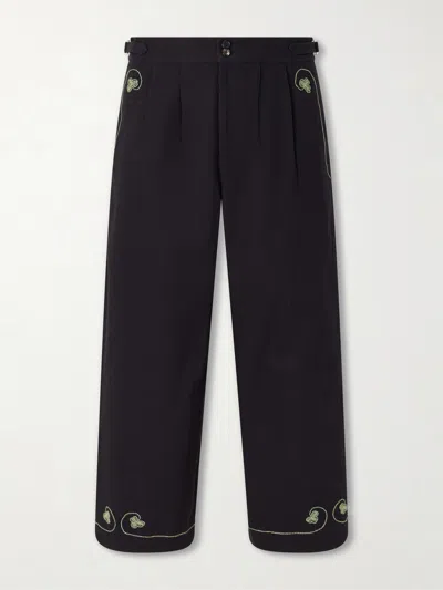 Bode Lucky Draw Straight-leg Pleated Embroidered Cotton-twill Trousers In Blue