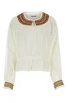 Bode Cotton Blouse With Embroidered Neckline And Gathered Cuffs