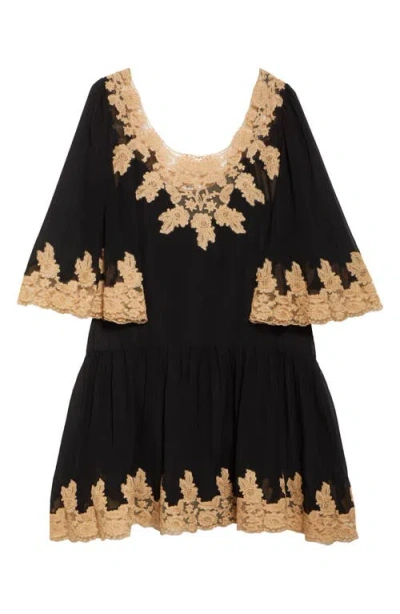 Bode Marisel Lace Trim Silk Chiffon Dress In Black/natural