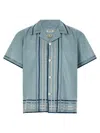 Bode Striped Cotton Bowling Shirt With Cuban Collar And Short Sleeves In Blue