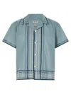 Bode Striped Cotton Bowling Shirt With Cuban Collar And Short Sleeves In Blue