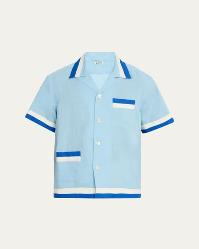 Bode Seedling Stripe Linen Camp Shirt In Blue