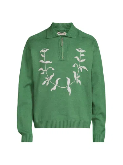 Bode Men's The Crane Estate Floret-embroidered Wool Sweater In Green