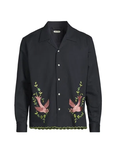 Bode Men's The Crane Estate Rosefinch Long-sleeve Linen Shirt In Black