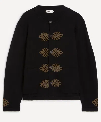 Bode Looped Frog Embroidered Wool Cardigan In Black