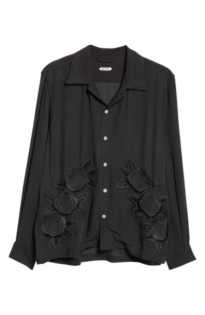 Bode Midnight Daffodil Long Sleeve Silk Button-up Shirt In Schwarz