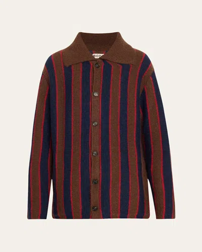 Bode Mohair Stripe Collared Cardigan In Navy Brown
