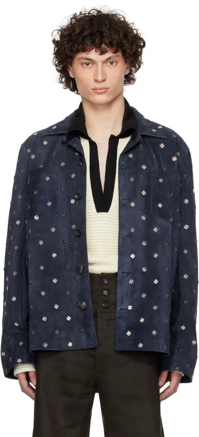Bode Navy Clover Suede Work Shirt In Dark Navy