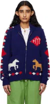 Bode Diamond Corral Horse Merino Wool Cardigan In Blue Multi Blmlt