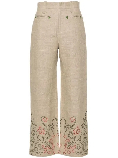 BODE NEUTRAL EMBROIDERED STRAIGHT-LEG TROUSERS - WOMEN'S - COTTON/LINEN/FLAX