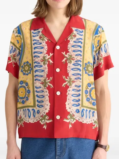 Bode Mens Bricolage Short-sleeve Silk Shirt In Red