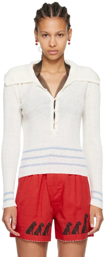 Bode Quincy Striped Linen-blend Polo Shirt In Cream Cream