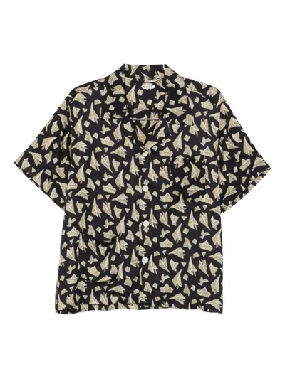 Bode Paper Hat Camp-collar Printed Satin Shirt In Black