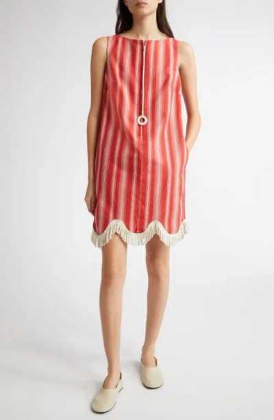 Bode Parasol Stripe Cotton Shift Dress In Red/white
