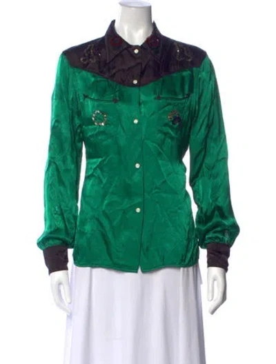 Pre-owned Bode Patterned Long Sleeve Button-up Top In Green