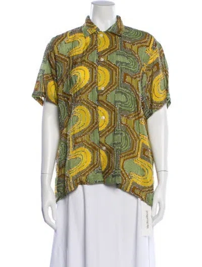 Pre-owned Bode Patterned Short Sleeve Button-up Top In Green