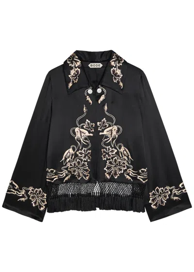 Bode Phantasm Fringed Embroidered Silk-satin Jacket In Black