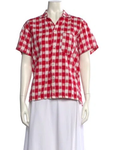 Pre-owned Bode Plaid Print Short Sleeve Button-up Top In Red