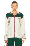 Bode Prarie Rose Overshirt In Green & Ecru