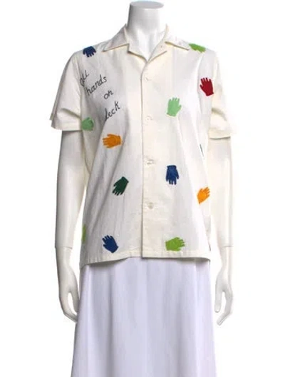 Pre-owned Bode Printed Short Sleeve Button-up Top In White