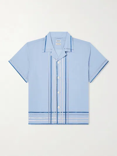 Bode Striped Cotton Bowling Shirt With Cuban Collar And Short Sleeves In Blue