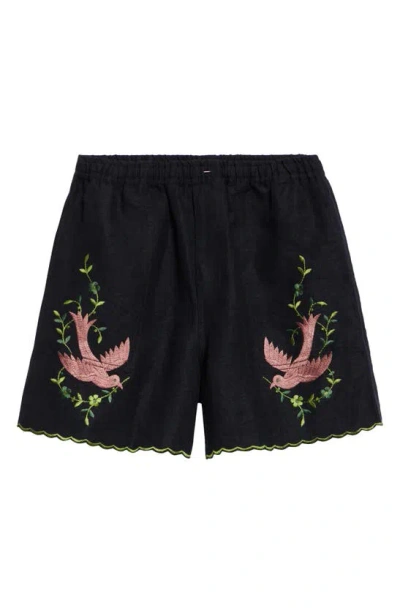 Bode Rosefinch Embroidered Linen Bermuda Shorts In Black